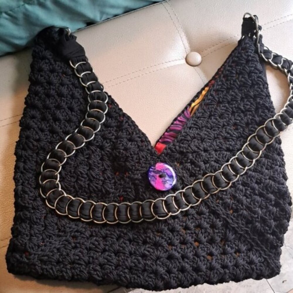 Hand Crafted Crochet Granny Square Three Triangle Cotton Bag Purse Tote - Picture 15 of 15